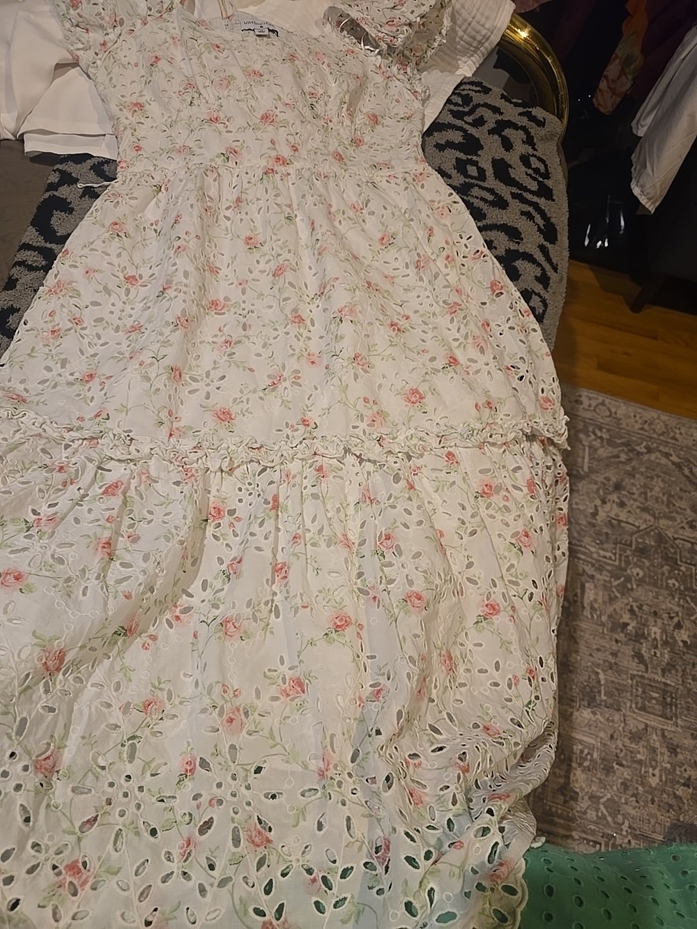 Loveshack Fancy Size 14 100% Cotton White Floral Eyelet Dress with Puff Sleeves - Picture 5 of 16